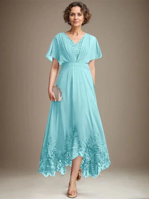 A-line V-Neck Asymmetrical Lace Chiffon Mother of the Bride Dress With Pleated - Image 7