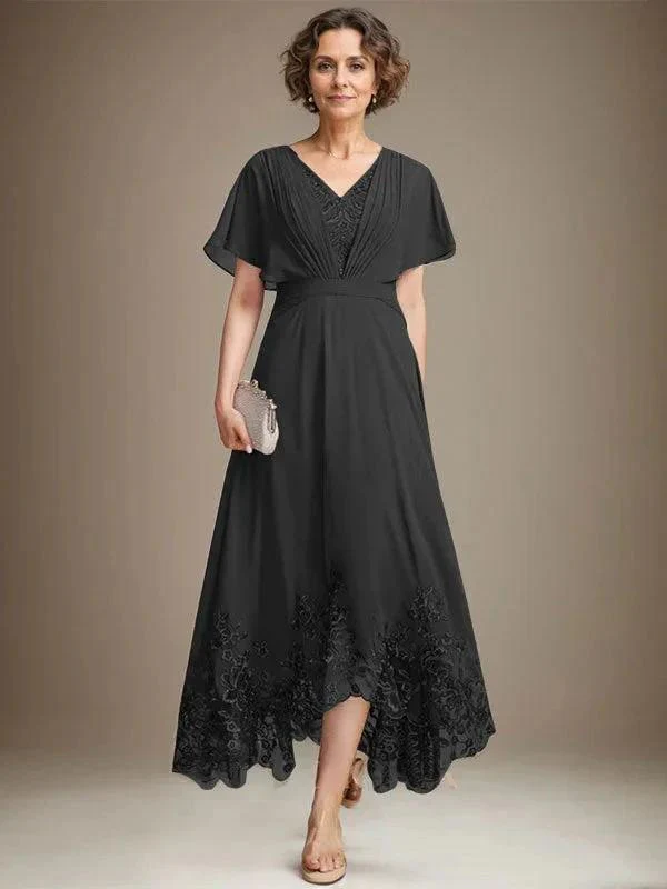 A-line V-Neck Asymmetrical Lace Chiffon Mother of the Bride Dress With Pleated - Image 8