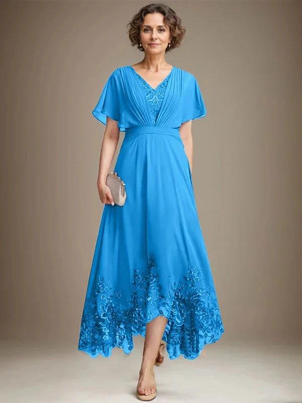 A-line V-Neck Asymmetrical Lace Chiffon Mother of the Bride Dress With Pleated - Image 9