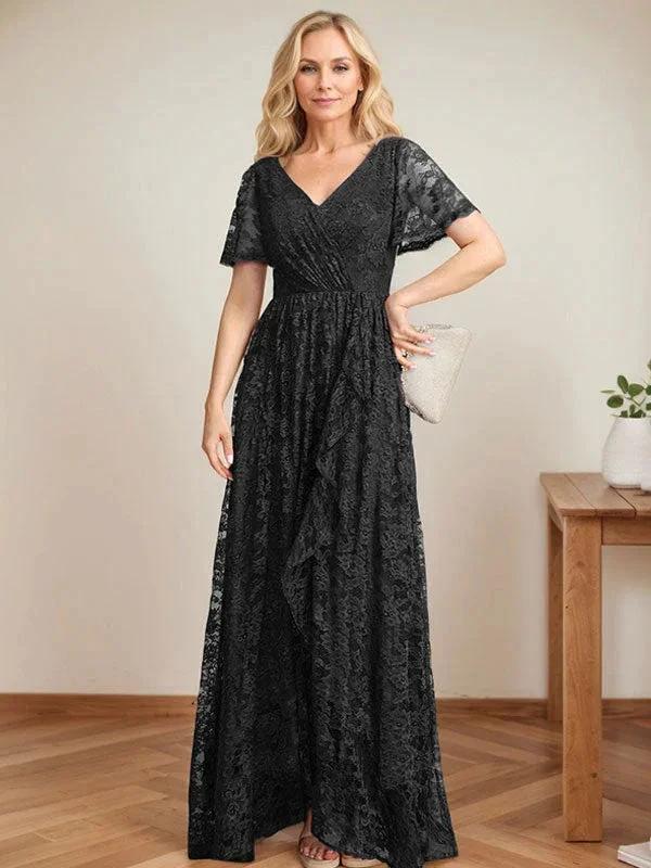A-Line V-Neck Asymmetrical Lace Mother of the Bride Dress With Cascading Ruffles - Image 10