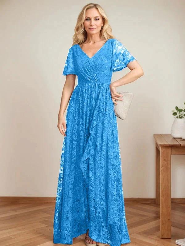 A-Line V-Neck Asymmetrical Lace Mother of the Bride Dress With Cascading Ruffles - Image 11