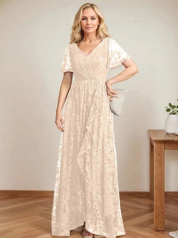 A-Line V-Neck Asymmetrical Lace Mother of the Bride Dress With Cascading Ruffles - Image 12