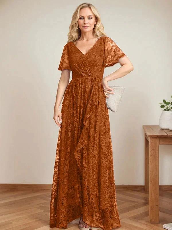 A-Line V-Neck Asymmetrical Lace Mother of the Bride Dress With Cascading Ruffles - Image 13