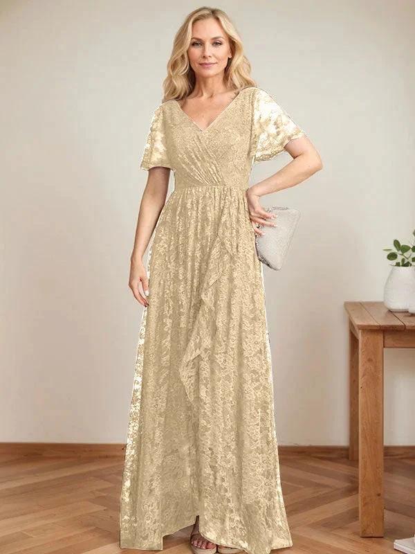 A-Line V-Neck Asymmetrical Lace Mother of the Bride Dress With Cascading Ruffles - Image 14