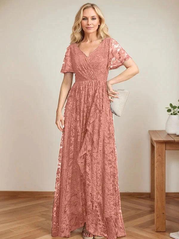 A-Line V-Neck Asymmetrical Lace Mother of the Bride Dress With Cascading Ruffles - Image 15