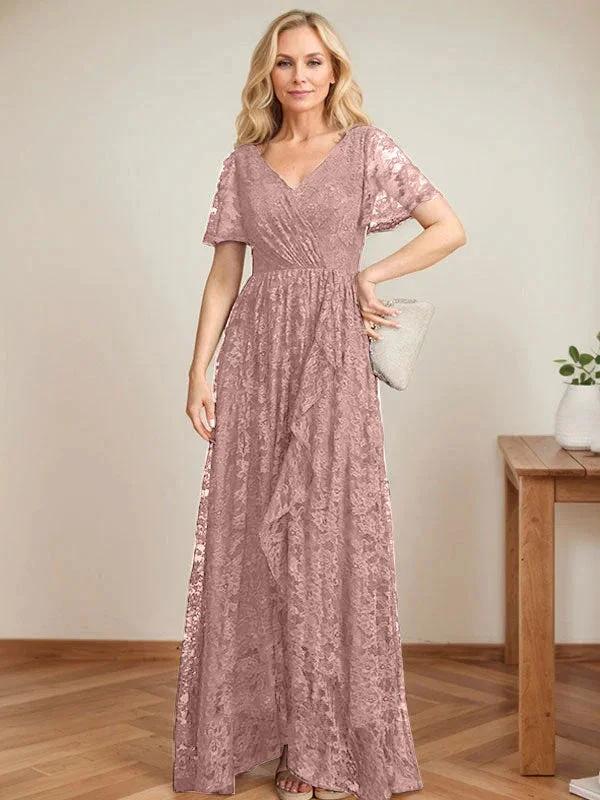 A-Line V-Neck Asymmetrical Lace Mother of the Bride Dress With Cascading Ruffles - Image 16