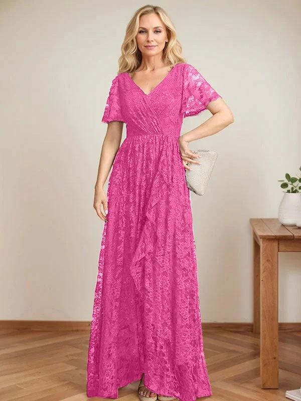 A-Line V-Neck Asymmetrical Lace Mother of the Bride Dress With Cascading Ruffles - Image 17