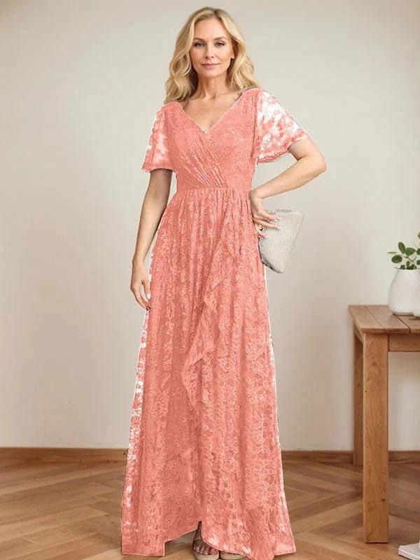 A-Line V-Neck Asymmetrical Lace Mother of the Bride Dress With Cascading Ruffles - Image 18