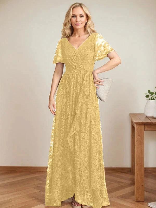 A-Line V-Neck Asymmetrical Lace Mother of the Bride Dress With Cascading Ruffles - Image 19