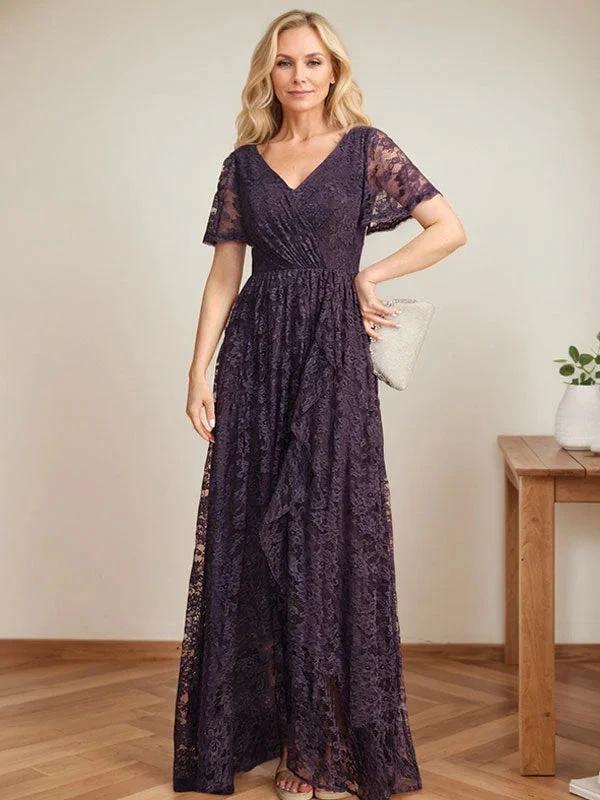 A-Line V-Neck Asymmetrical Lace Mother of the Bride Dress With Cascading Ruffles - Image 2