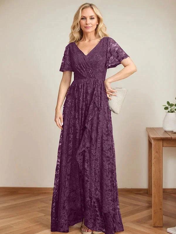 A-Line V-Neck Asymmetrical Lace Mother of the Bride Dress With Cascading Ruffles - Image 20