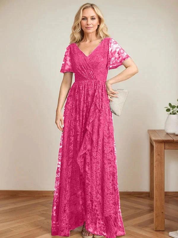 A-Line V-Neck Asymmetrical Lace Mother of the Bride Dress With Cascading Ruffles - Image 21