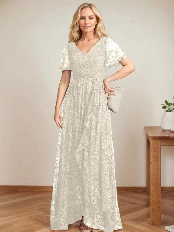 A-Line V-Neck Asymmetrical Lace Mother of the Bride Dress With Cascading Ruffles - Image 22
