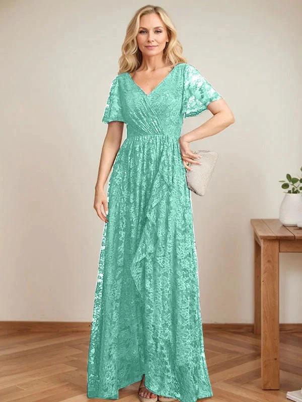 A-Line V-Neck Asymmetrical Lace Mother of the Bride Dress With Cascading Ruffles - Image 23