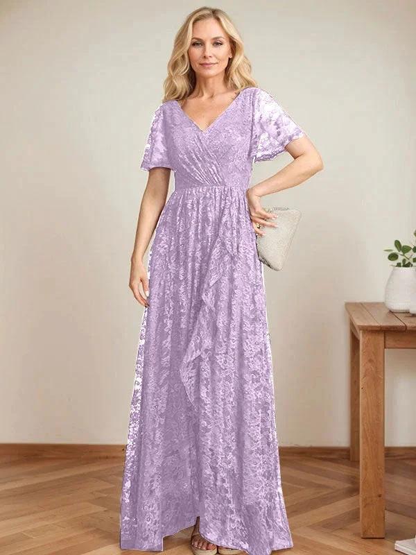 A-Line V-Neck Asymmetrical Lace Mother of the Bride Dress With Cascading Ruffles - Image 24