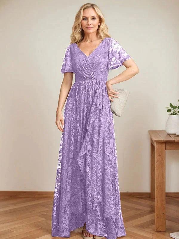 A-Line V-Neck Asymmetrical Lace Mother of the Bride Dress With Cascading Ruffles - Image 25