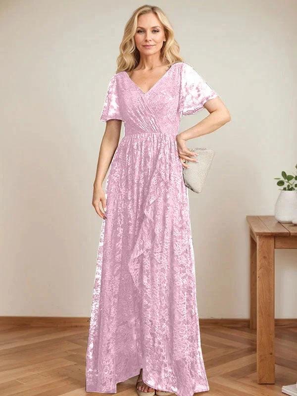 A-Line V-Neck Asymmetrical Lace Mother of the Bride Dress With Cascading Ruffles - Image 26