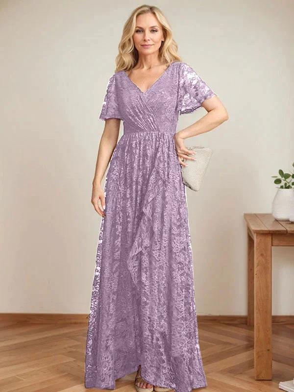 A-Line V-Neck Asymmetrical Lace Mother of the Bride Dress With Cascading Ruffles - Image 27
