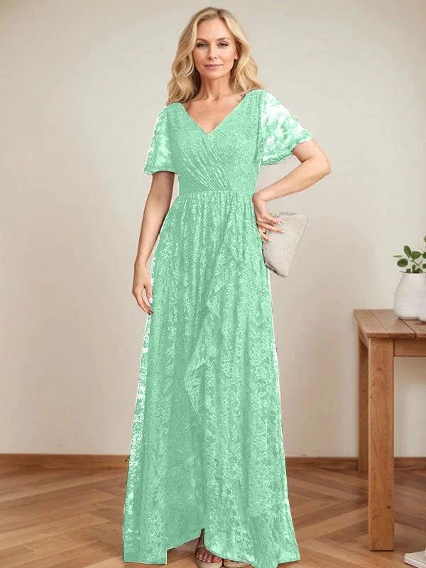 A-Line V-Neck Asymmetrical Lace Mother of the Bride Dress With Cascading Ruffles - Image 28