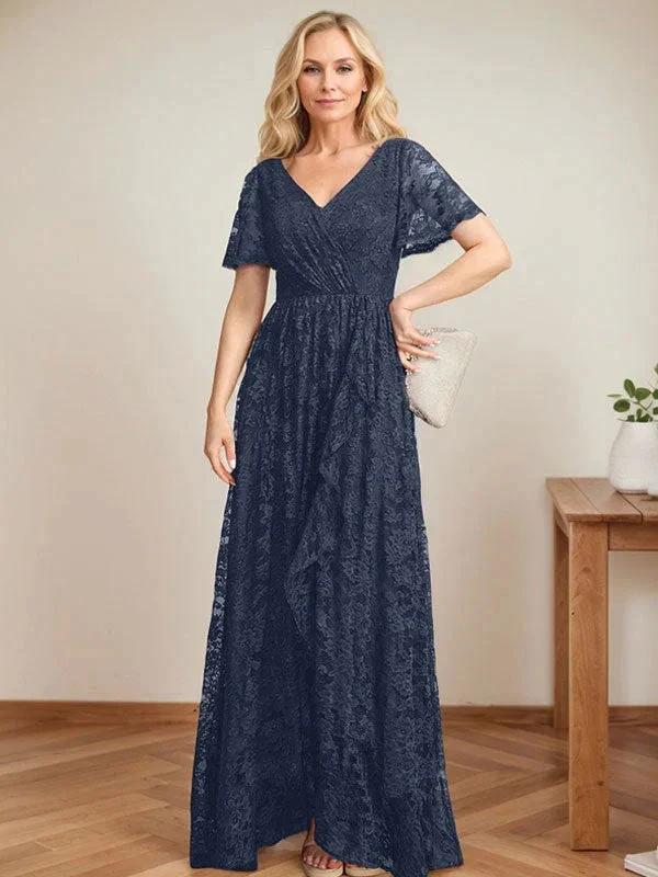 A-Line V-Neck Asymmetrical Lace Mother of the Bride Dress With Cascading Ruffles - Image 29