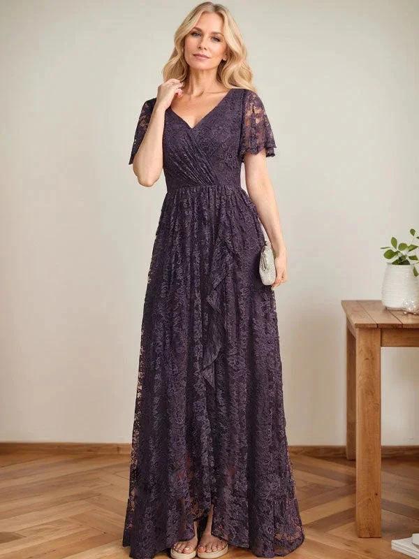 A-Line V-Neck Asymmetrical Lace Mother of the Bride Dress With Cascading Ruffles - Image 3