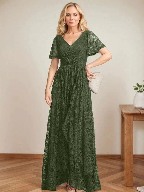A-Line V-Neck Asymmetrical Lace Mother of the Bride Dress With Cascading Ruffles - Image 30