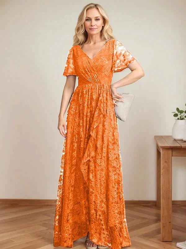 A-Line V-Neck Asymmetrical Lace Mother of the Bride Dress With Cascading Ruffles - Image 31