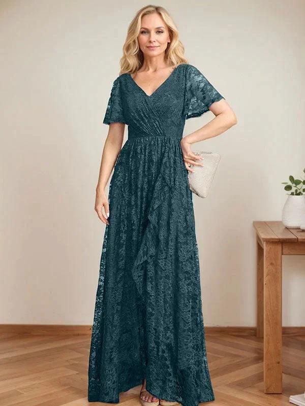 A-Line V-Neck Asymmetrical Lace Mother of the Bride Dress With Cascading Ruffles - Image 32