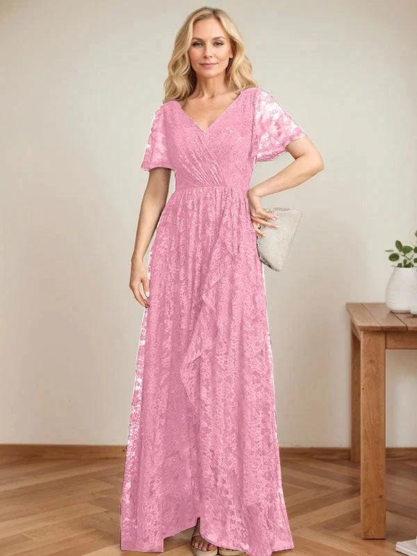 A-Line V-Neck Asymmetrical Lace Mother of the Bride Dress With Cascading Ruffles - Image 33