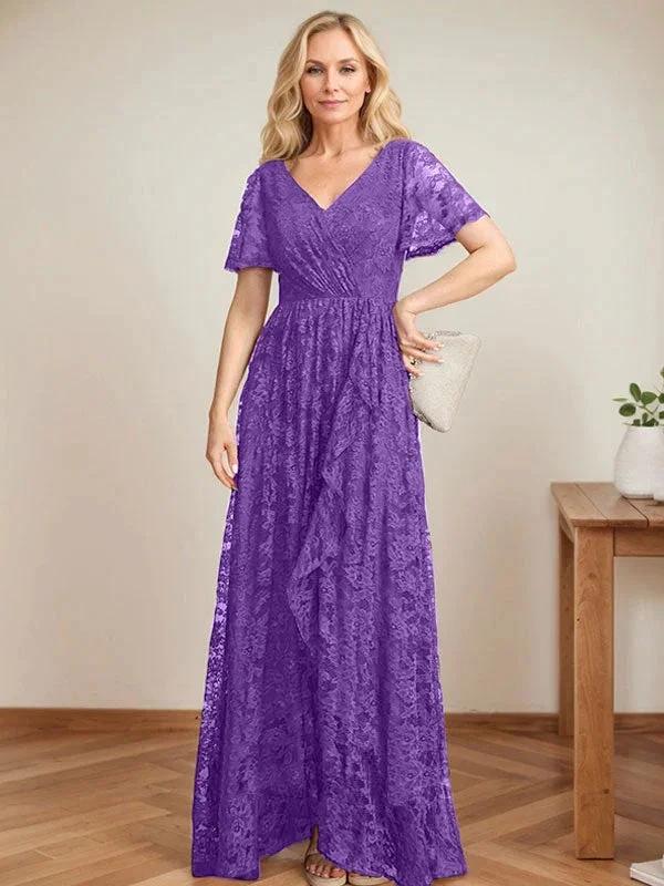 A-Line V-Neck Asymmetrical Lace Mother of the Bride Dress With Cascading Ruffles - Image 34