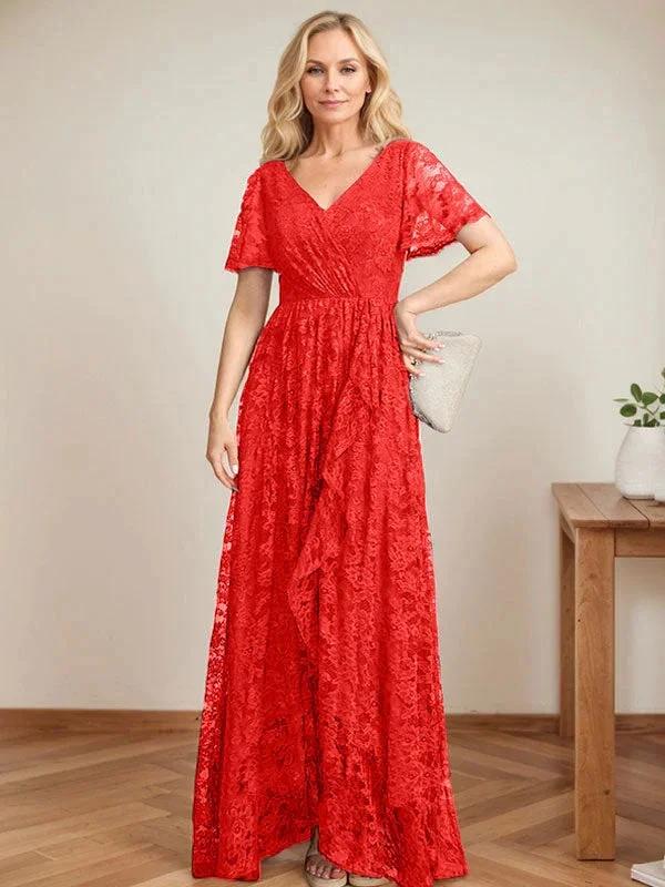 A-Line V-Neck Asymmetrical Lace Mother of the Bride Dress With Cascading Ruffles - Image 35