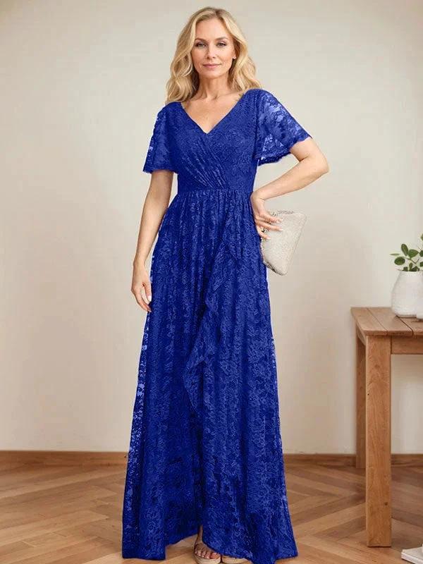 A-Line V-Neck Asymmetrical Lace Mother of the Bride Dress With Cascading Ruffles - Image 36
