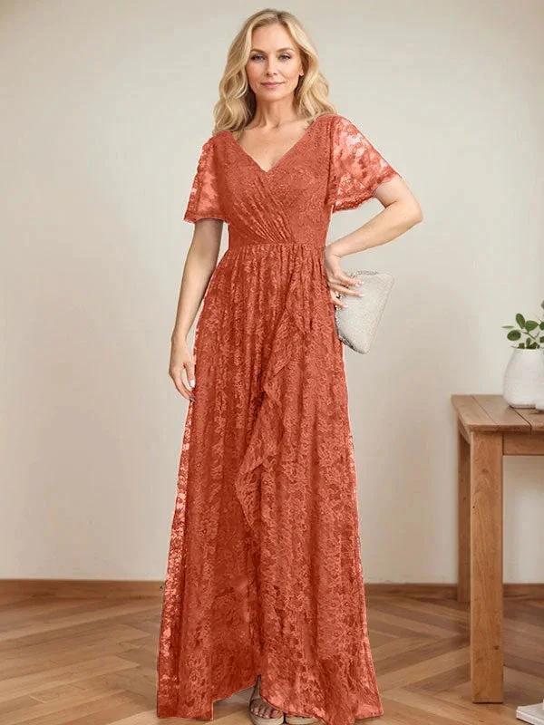A-Line V-Neck Asymmetrical Lace Mother of the Bride Dress With Cascading Ruffles - Image 37