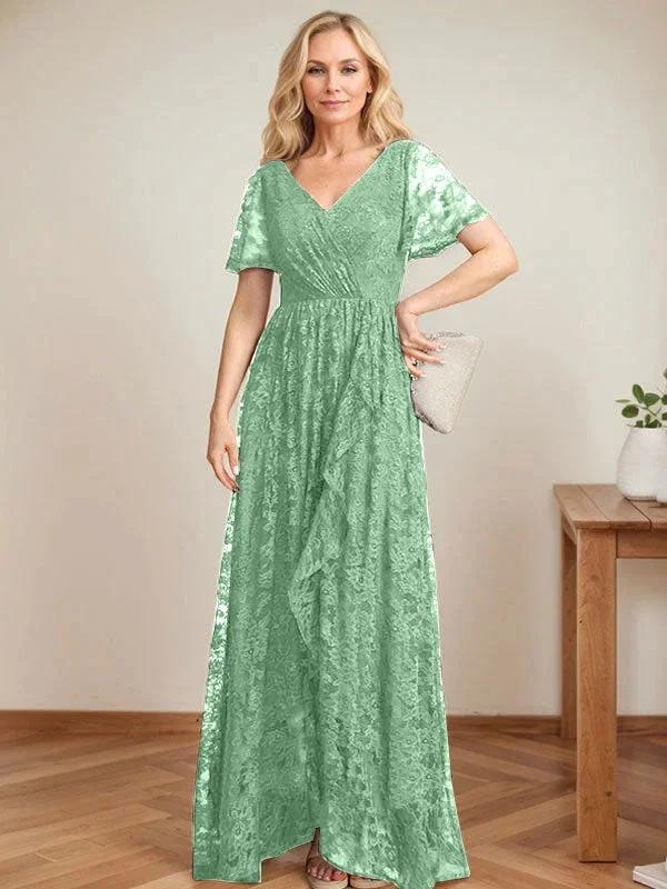 A-Line V-Neck Asymmetrical Lace Mother of the Bride Dress With Cascading Ruffles - Image 38
