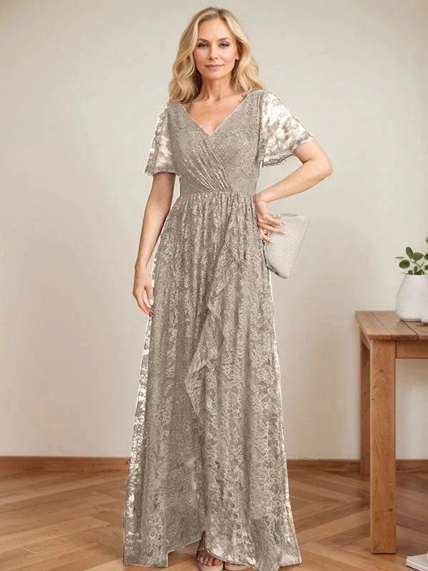 A-Line V-Neck Asymmetrical Lace Mother of the Bride Dress With Cascading Ruffles - Image 39