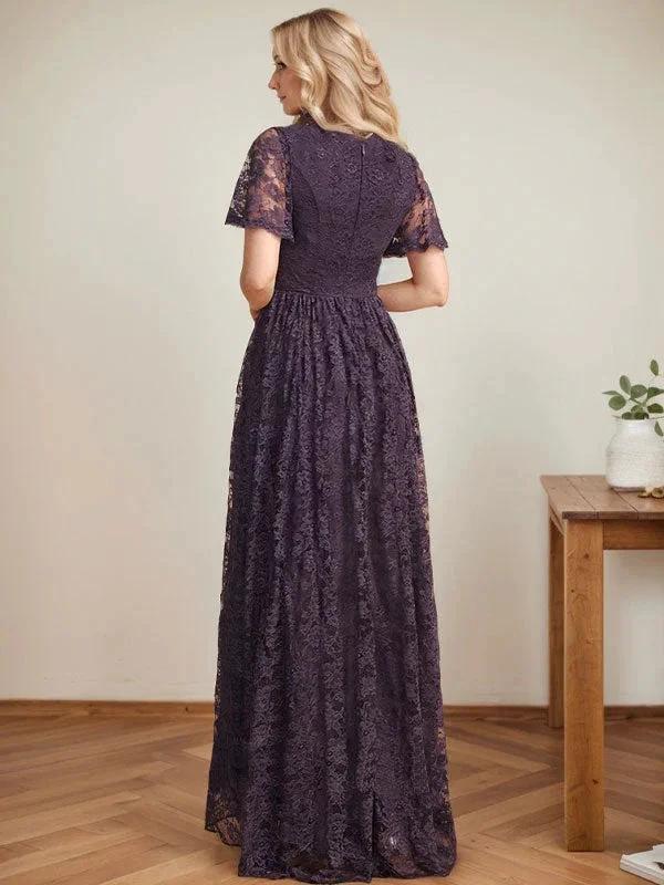 A-Line V-Neck Asymmetrical Lace Mother of the Bride Dress With Cascading Ruffles - Image 4