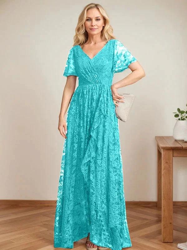 A-Line V-Neck Asymmetrical Lace Mother of the Bride Dress With Cascading Ruffles - Image 41