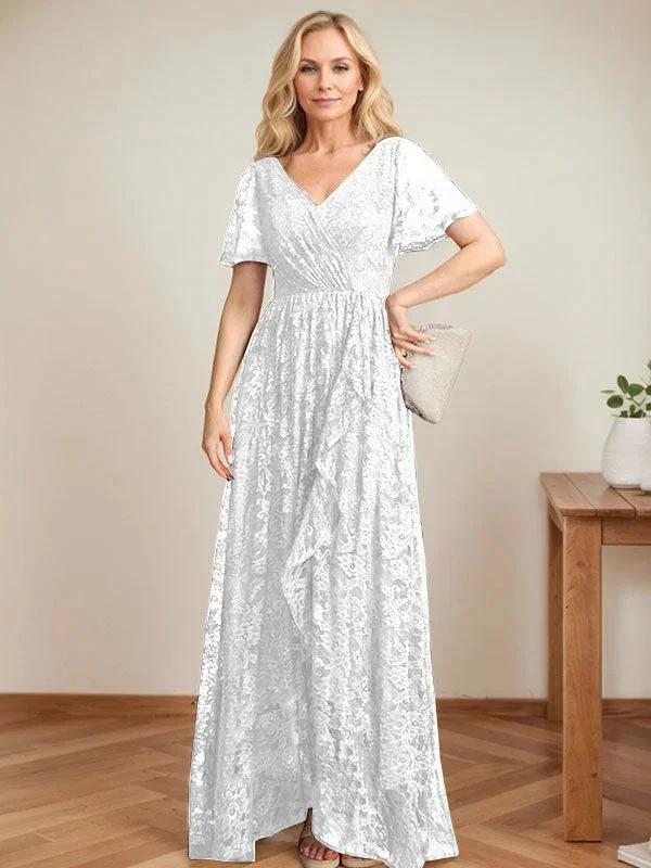 A-Line V-Neck Asymmetrical Lace Mother of the Bride Dress With Cascading Ruffles - Image 42