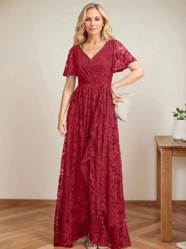 A-Line V-Neck Asymmetrical Lace Mother of the Bride Dress With Cascading Ruffles - Image 43