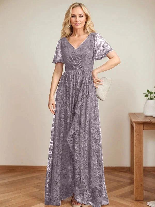 A-Line V-Neck Asymmetrical Lace Mother of the Bride Dress With Cascading Ruffles - Image 44
