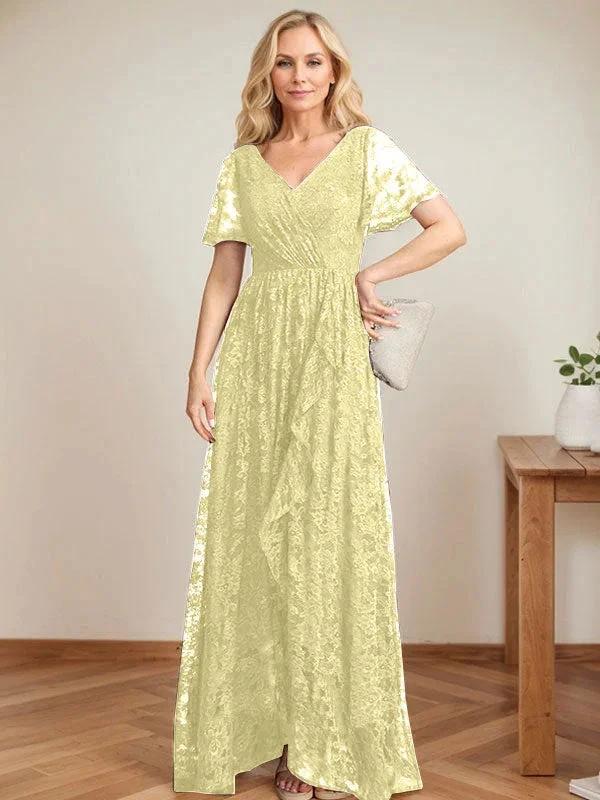 A-Line V-Neck Asymmetrical Lace Mother of the Bride Dress With Cascading Ruffles - Image 45