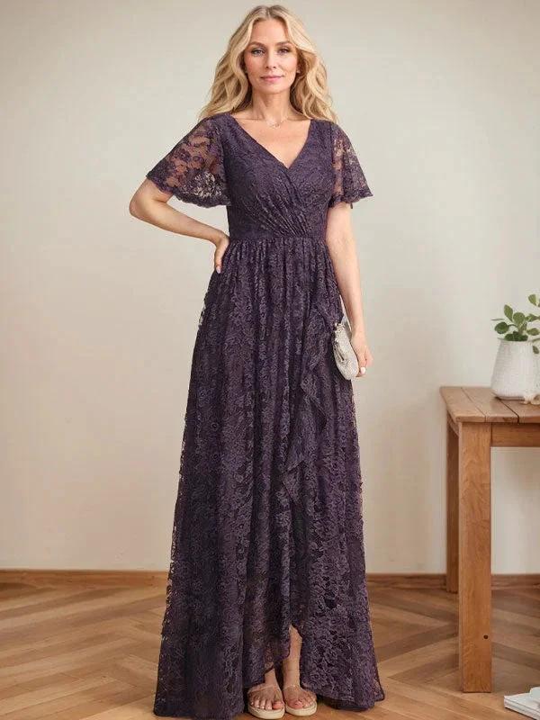 A-Line V-Neck Asymmetrical Lace Mother of the Bride Dress With Cascading Ruffles - Image 5