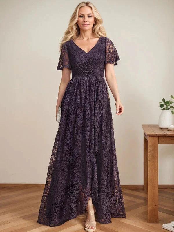 A-Line V-Neck Asymmetrical Lace Mother of the Bride Dress With Cascading Ruffles - Image 7