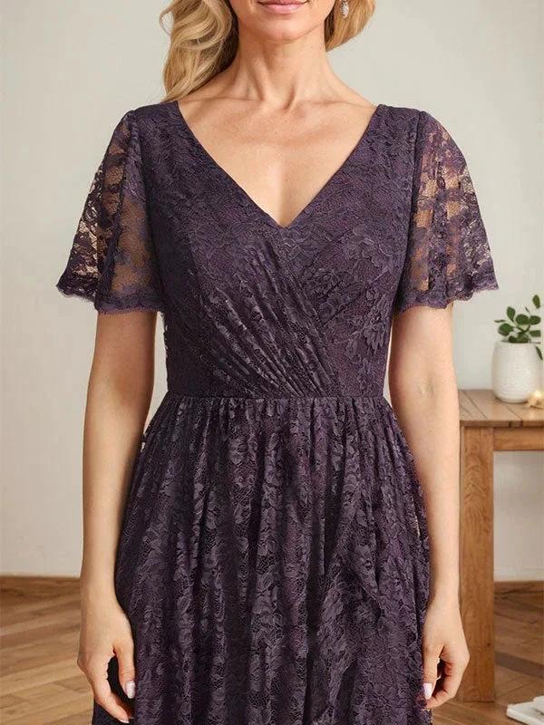 A-Line V-Neck Asymmetrical Lace Mother of the Bride Dress With Cascading Ruffles - Image 8