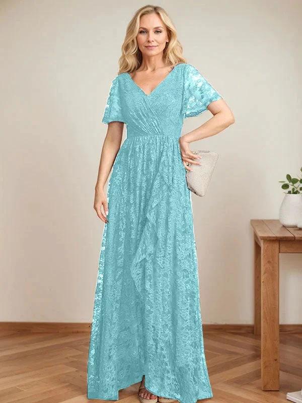 A-Line V-Neck Asymmetrical Lace Mother of the Bride Dress With Cascading Ruffles - Image 9