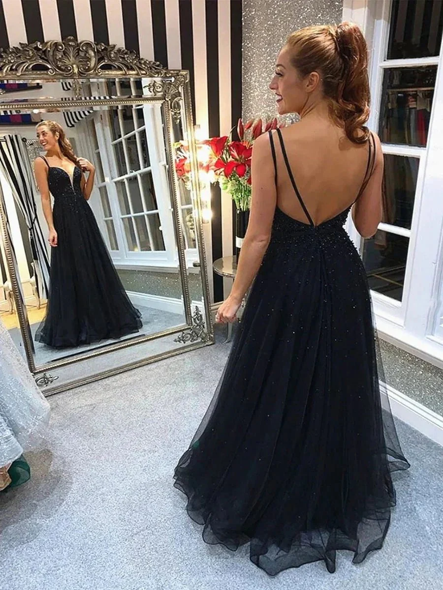 A Line V Neck Backless Beaded Black Long Prom Formal Graduation Evening Dresses - Image 2