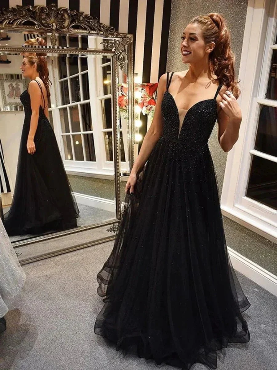 A Line V Neck Backless Beaded Black Long Prom Formal Graduation Evening Dresses - Image 3