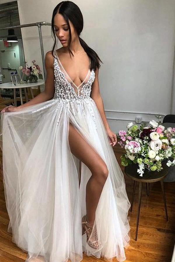 A Line V Neck Backless Beaded Tulle Ivory Wedding Dresses Bridal Gown WD437 - Image 2
