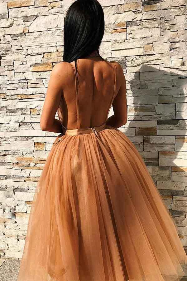 A-Line V-Neck Backless Gold Tulle Homecoming Dress with Appliques  PD227 - Image 2