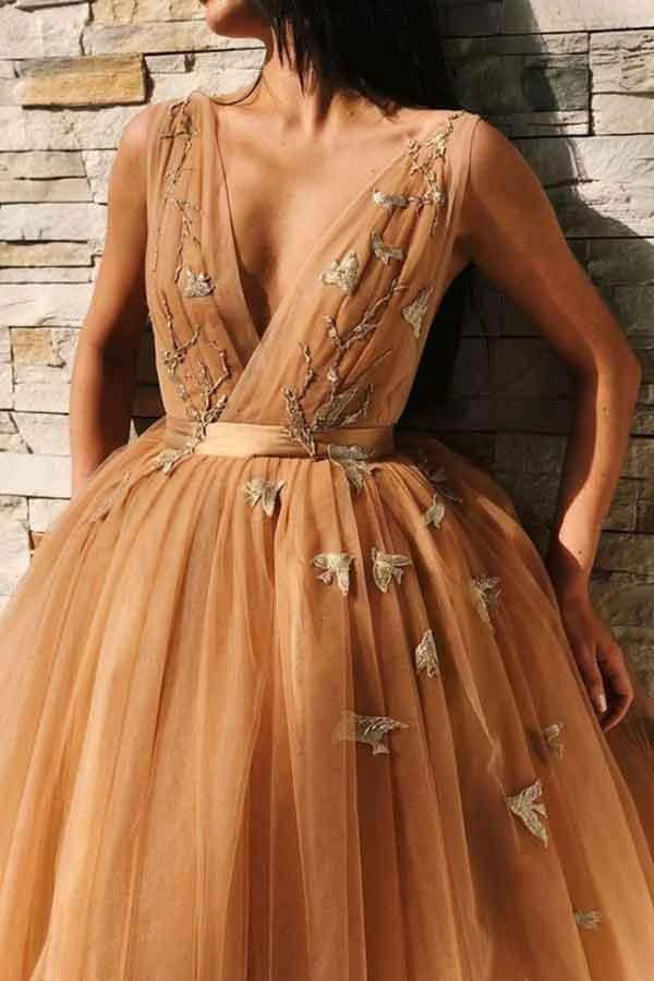 A-Line V-Neck Backless Gold Tulle Homecoming Dress with Appliques  PD227 - Image 3